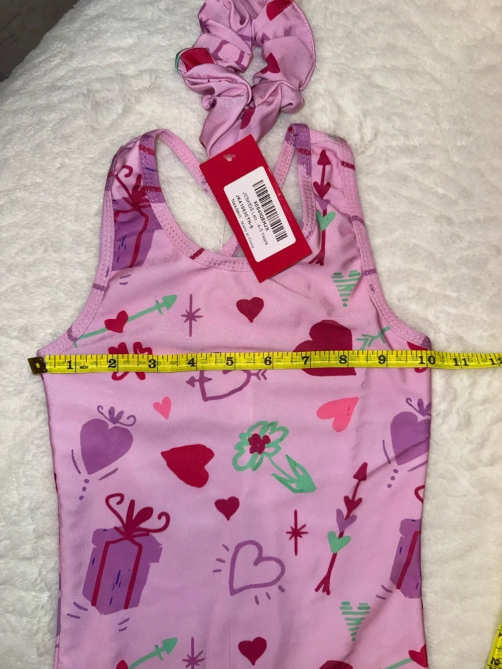 Girls Pink Heart & Gift Print One-Piece Swimsuit with Scrunchie Size 4-5 Years